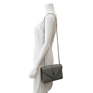 SAINT LAURENT | Light Gray Chevron Quilted Envelope Chain Shoulder Bag