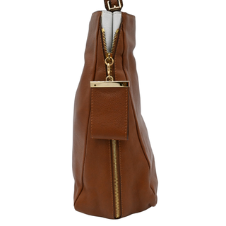 JIL SANDER | Tan Grained Leather Slouched Zip Shoulder Bag