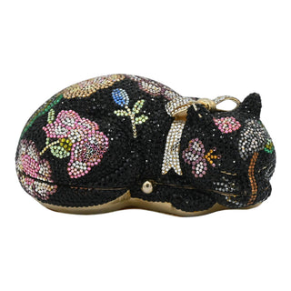 JUDITH LEIBER | Black Floral Crystal Resting Cat Minaudière Clutch