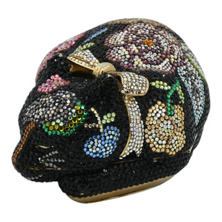 JUDITH LEIBER | Black Floral Crystal Resting Cat Minaudière Clutch