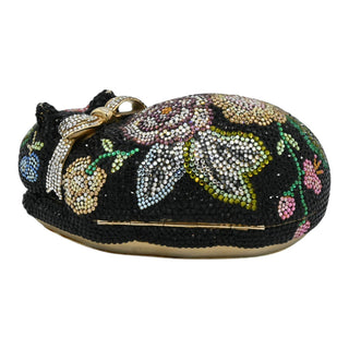JUDITH LEIBER | Black Floral Crystal Resting Cat Minaudière Clutch