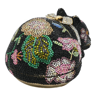 JUDITH LEIBER | Black Floral Crystal Resting Cat Minaudière Clutch