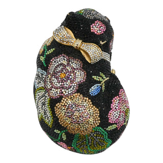JUDITH LEIBER | Black Floral Crystal Resting Cat Minaudière Clutch