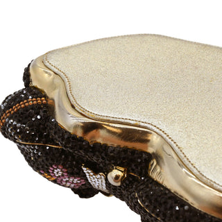 JUDITH LEIBER | Black Floral Crystal Resting Cat Minaudière Clutch