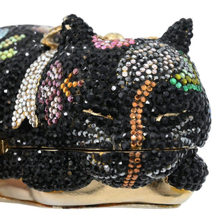 JUDITH LEIBER | Black Floral Crystal Resting Cat Minaudière Clutch