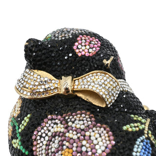 JUDITH LEIBER | Black Floral Crystal Resting Cat Minaudière Clutch