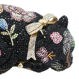 JUDITH LEIBER | Black Floral Crystal Resting Cat Minaudière Clutch