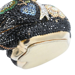 JUDITH LEIBER | Black Floral Crystal Resting Cat Minaudière Clutch