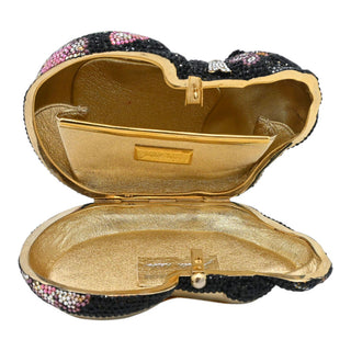JUDITH LEIBER | Black Floral Crystal Resting Cat Minaudière Clutch