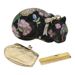 JUDITH LEIBER | Black Floral Crystal Resting Cat Minaudière Clutch