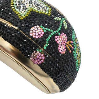 JUDITH LEIBER | Black Floral Crystal Resting Cat Minaudière Clutch