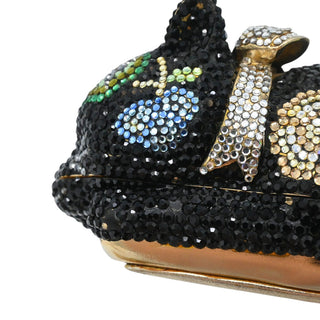 JUDITH LEIBER | Black Floral Crystal Resting Cat Minaudière Clutch