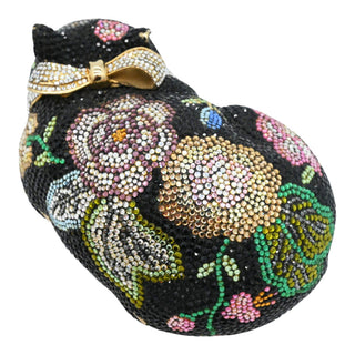 JUDITH LEIBER | Black Floral Crystal Resting Cat Minaudière Clutch