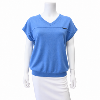 Blue Cashmere V-Neck Short Sleeve Sweater