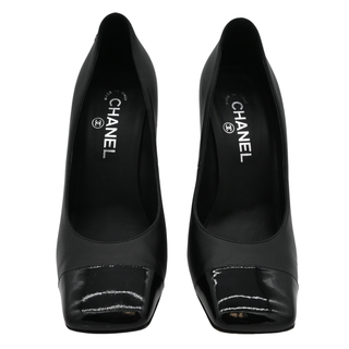 CHANEL | CC Logo Leather & Patent Cap Toe Block Heel Pumps