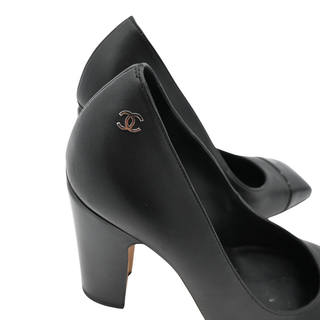 CHANEL | CC Logo Leather & Patent Cap Toe Block Heel Pumps