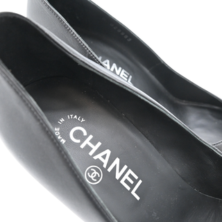 CHANEL | CC Logo Leather & Patent Cap Toe Block Heel Pumps