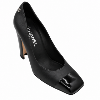 CHANEL | CC Logo Leather & Patent Cap Toe Block Heel Pumps