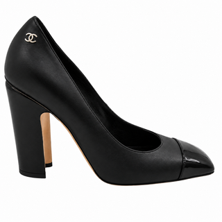 CHANEL | CC Logo Leather & Patent Cap Toe Block Heel Pumps