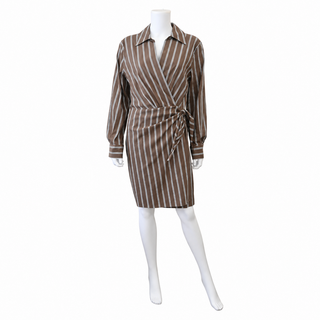 VINCE | Brown Striped Cotton-Blend Wrap Mini Dress