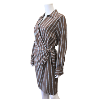 VINCE | Brown Striped Cotton-Blend Wrap Mini Dress