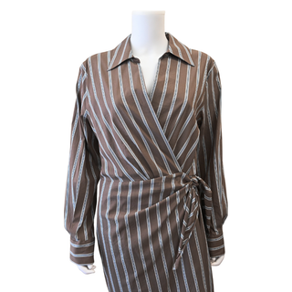 VINCE | Brown Striped Cotton-Blend Wrap Mini Dress
