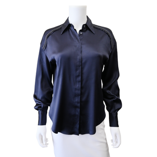 BRUNELLO CUCINELLI | Navy Blue Satin Monili Blouse