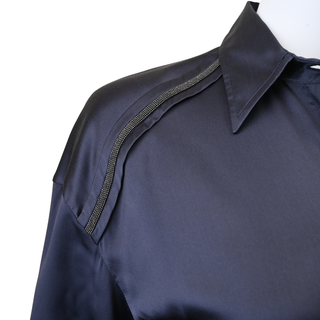 BRUNELLO CUCINELLI | Navy Blue Satin Monili Blouse