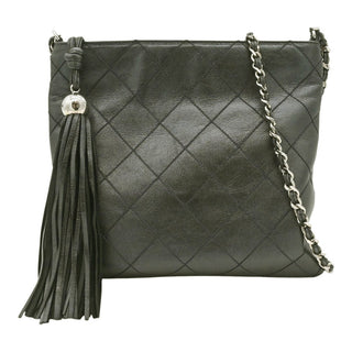 Metallic Pewter Quilted Leather Tassel Crossbody Bag