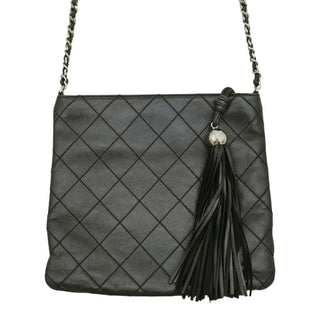 Metallic Pewter Quilted Leather Tassel Crossbody Bag