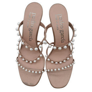 Pearl-Embellished Satin Strappy Heeled Sandals