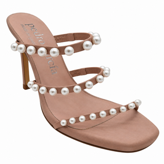 Pearl-Embellished Satin Strappy Heeled Sandals