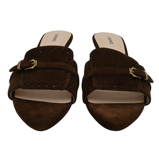 Brown Suede Buckle Detail Kitten Heel Mules