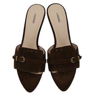 Brown Suede Buckle Detail Kitten Heel Mules