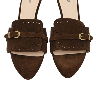 Brown Suede Buckle Detail Kitten Heel Mules