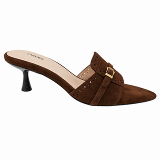 Brown Suede Buckle Detail Kitten Heel Mules