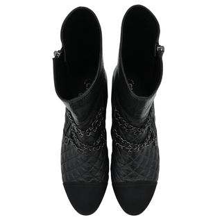 Quilted Leather Chain-Embellished Cap Toe Ankle Boots