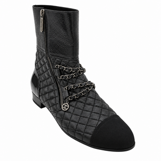 Quilted Leather Chain-Embellished Cap Toe Ankle Boots