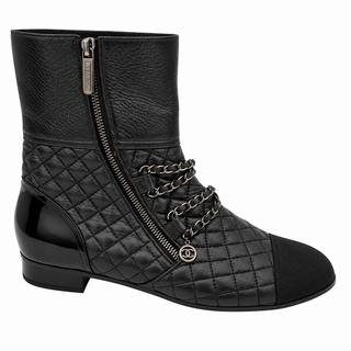 Quilted Leather Chain-Embellished Cap Toe Ankle Boots