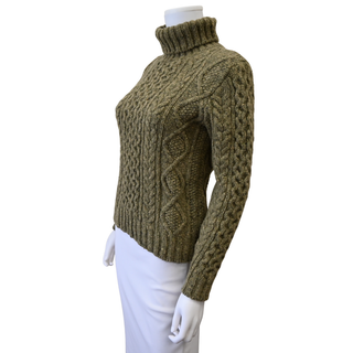 DOUBLE RL | Olive Green Cable Knit Wool Turtleneck Sweater