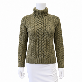 DOUBLE RL | Olive Green Cable Knit Wool Turtleneck Sweater