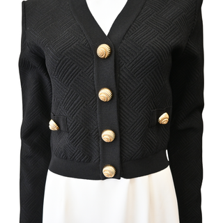 BALMAIN | Black Textured Knit Gold Button Cardigan