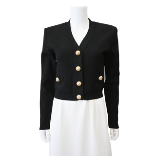 BALMAIN | Black Textured Knit Gold Button Cardigan
